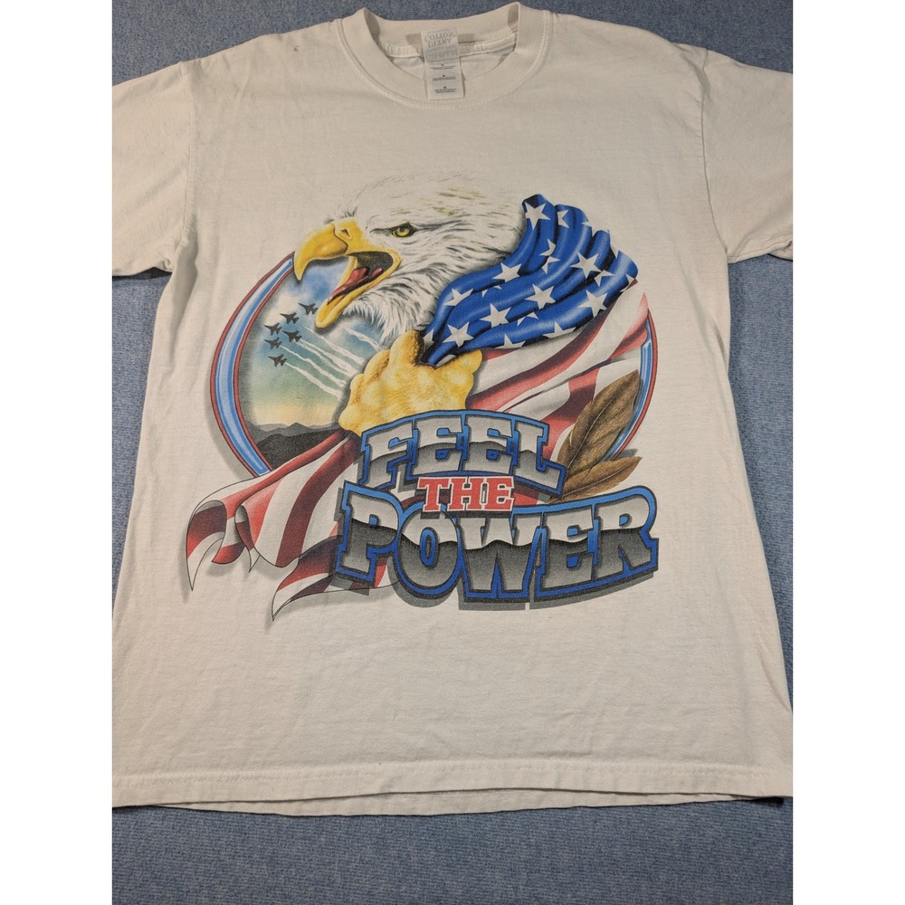 Gildan Feel The Power Bald Eagle American Flag T-Shirt Mens Medium White Graphic